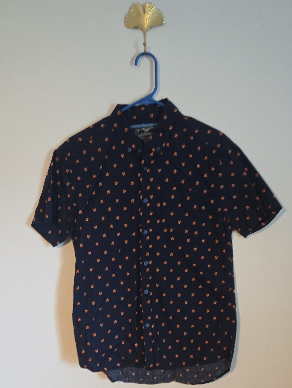 Men's Navy Short-Sleeve Button-Down Shirt with Coral Dot Print